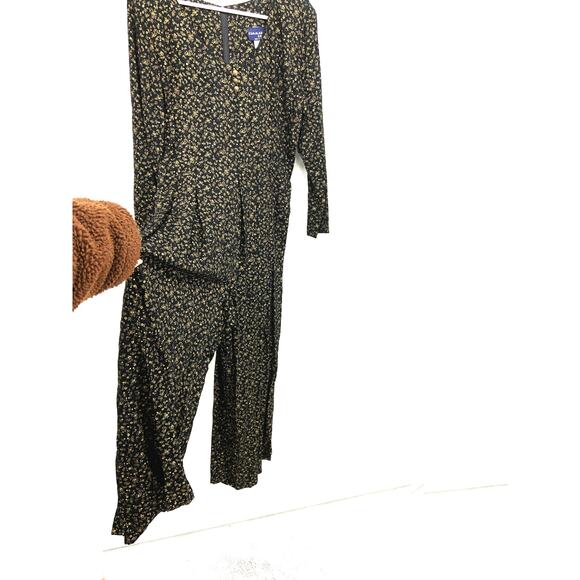 Vintage 80s Cimmaron Dress Long Sleeve Jumpsuit Black Floral Round Neck Size 12 - Picture 1 of 5